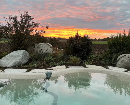 Bio.design-Pool in geschwungener Form mit Abendstimmung und Sonnenuntergang