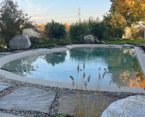Bio.design-Pool mit Herbststimmung und Randbepflanzung vor blauem Himmel