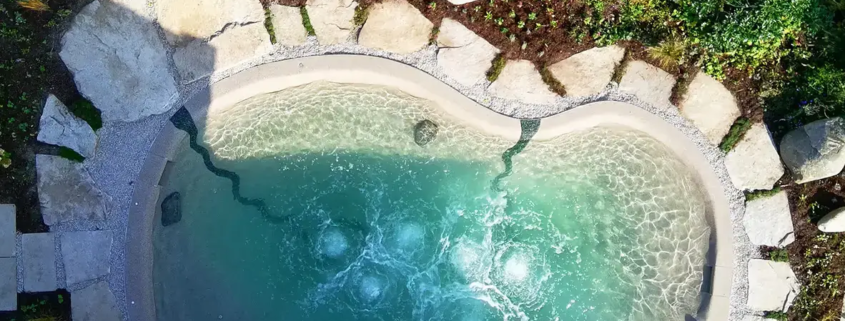 Bio.design-Pool in geschwungener Form mit Randbepflanzung und großen Steinen