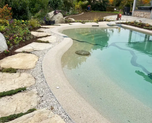 Bio.design-Pool in organisch harmonischer Form mit Randbepflanzung und Terrassenanschluss