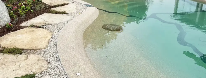 Bio.design-Pool in organisch harmonischer Form mit Randbepflanzung und Terrassenanschluss